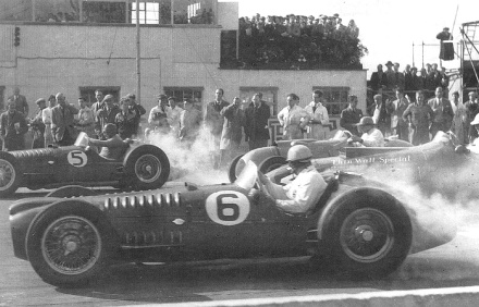 Gonzales (no.5) blasts off in the BRM at Goodwood
