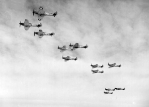 Hurricanes of 85 Squadron in flight during the Battle of Britain